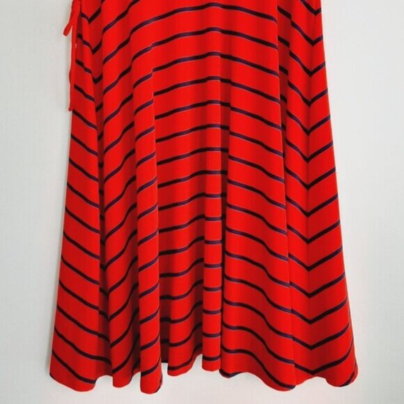 TORRID \ Faux Wrap Knee Length Midi Dress Stretch Jersey Knit Stripe Red Blue M - Picture 10 of 13